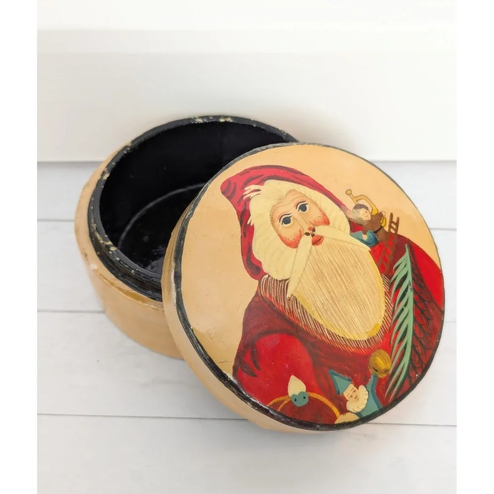 Vtg Hand Painted Paper Mache Lacquer Trinket Box Santa Christmas Box Lid India